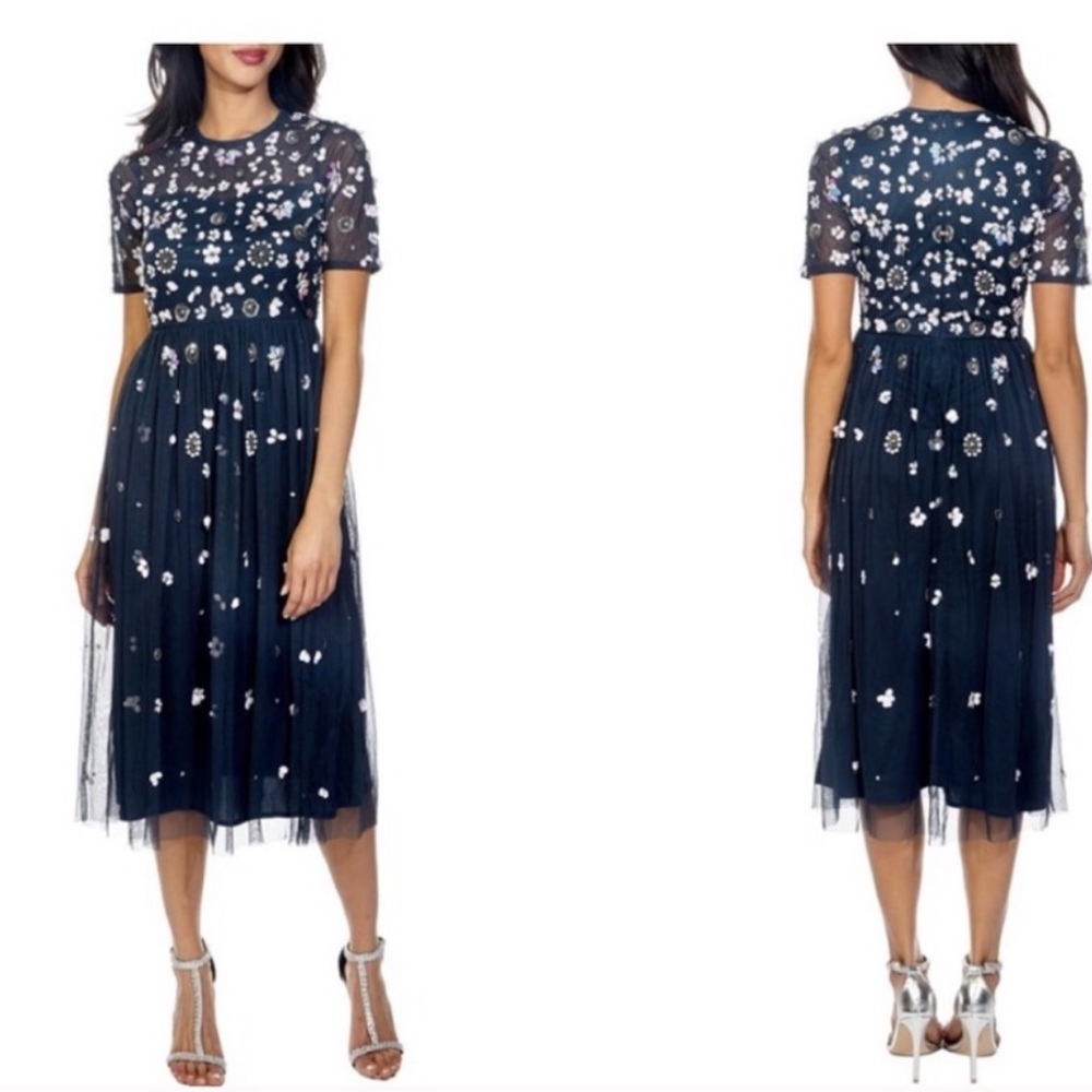 Lace & beads embellished navy midi dress